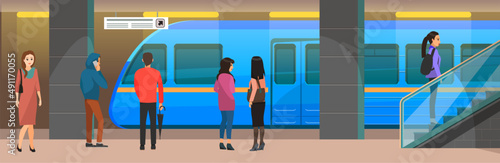 High speed transport leaving tunnel to metro. Public transport, train for transporting metro passengers. Train of subway with automatic doors. Modern tramway at underground station platform