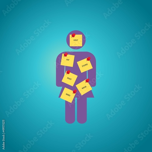 Symbol of a girl with sticky notes with bad words on her, bullying concept