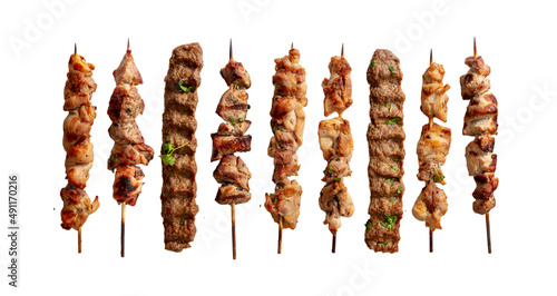 Grilled meat skewer isolated on white. Souvlaki chicken and pork, kebab doner. Greek grill food