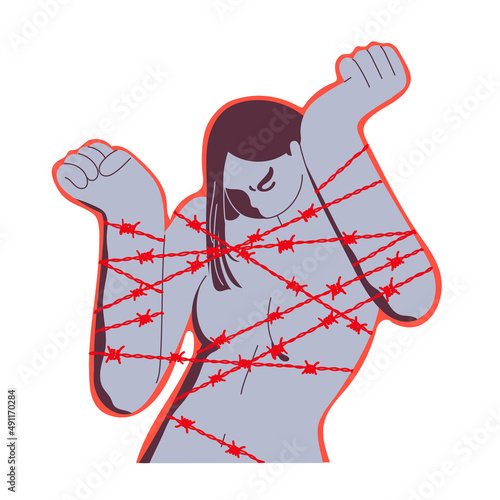 Woman bound by barbed wire, deprived of her freedom