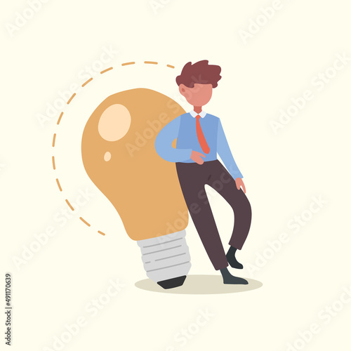 Business concept flat smart businessman leaning on big light bulb. Business people have ideas leaning against lamp symbol is good idea. Innovation and inspiration concept. Design vector illustration