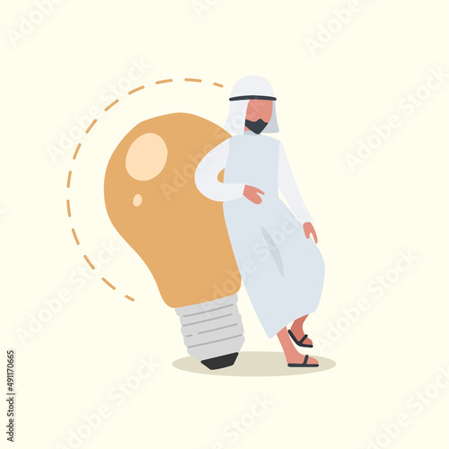 Business concept design Arabian businessman leaning on big light bulb. Business people have ideas leaning against lamp symbol is good idea. Innovation and inspiration. Vector illustration flat cartoon