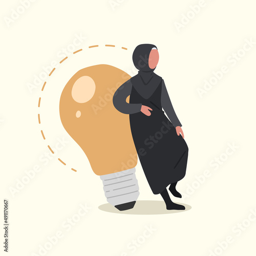 Business concept flat smart Arabian businesswoman leaning on big light bulb. Business people have ideas leaning against lamp symbol is good idea. Innovation and inspiration. Design vector illustration