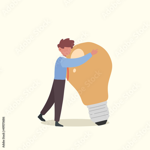 Business flat drawing smart businessman hugs big lightbulb. Male manager with light idea bulb. Business success, creative thinking, inspiration, business startup. Cartoon graphic vector illustration