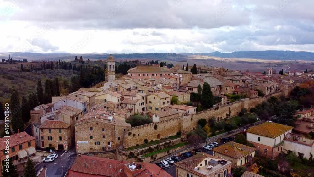 Flight over San Quirico de Orcia in Tuscany Italy - a famous landmark - travel photography Flight over San Quirico de Orcia in Tuscany Italy - a famous landmark - travel photography