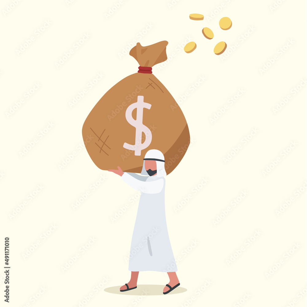 Business concept design Arabian businessman lifting sack of money payday. Male manager holding large bag full of money. Worker carrying big heavy sack full cash money. Vector illustration flat cartoon Business concept design Arabian businessman lifting sack of money payday. Male manager holding large bag full of money. Worker carrying big heavy sack full cash money. Vector illustration flat cartoon
