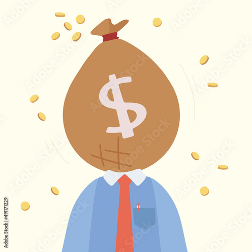 Business concept flat style isolated of greedy businessman with money bag instead of head, symbolizing avarice, broker, money, success. Money bag with dollar sign. Graphic design vector illustration