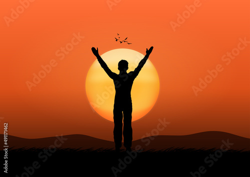 drawing concept silhouette Thanksgiving the man standing raise your hand with sunset background vector illustration