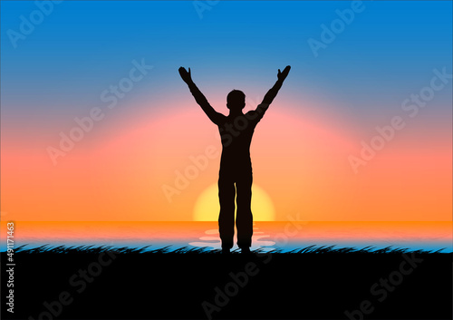 drawing concept silhouette Thanksgiving the man standing raise your hand with sunset background vector illustration