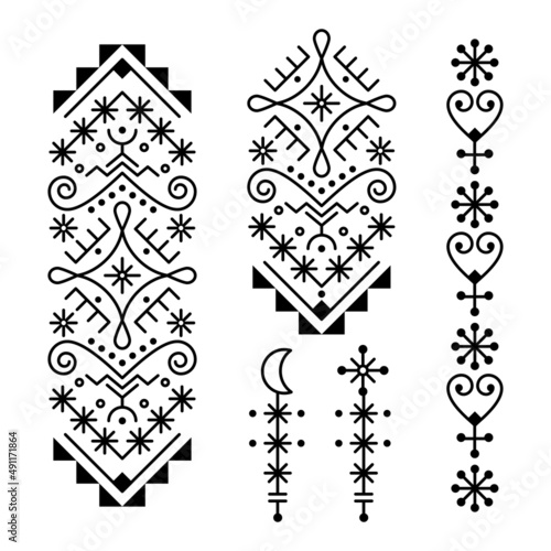 Icelandic rune art style geometric tribal line art vector  design set, minimalist long ornaments inspired by Viking patterns