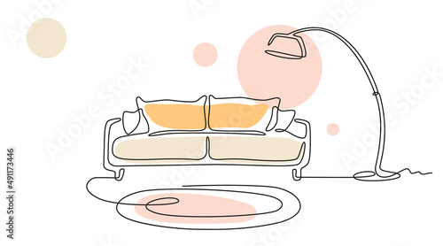 Continuous line drawing of sofa and lamp with abstract color shapes. One line interior Living room with modern furniture. Single line element Hand draw contour of indoor Doodle illustration Front view
