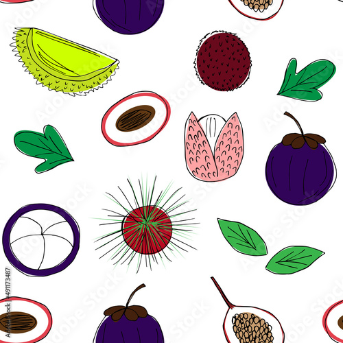 Cute tropical fruits whole and pieces hand drawn seamless pattern. Vector illustration in the style of a doodle on a white background photo