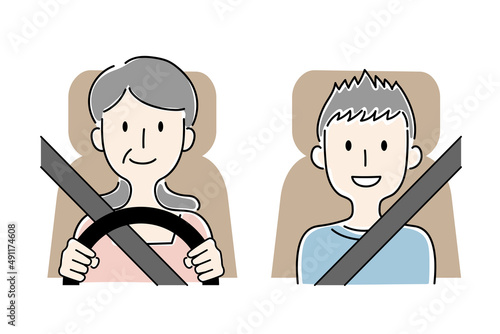 手描き風・運転する高齢女性と助手席の少年のベクターイラスト