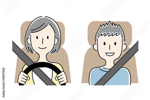 手描き風・運転する女性と助手席の少年のベクターイラスト