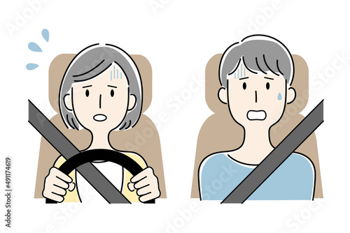 手描き風・焦って運転する女性と助手席の男性のベクターイラスト