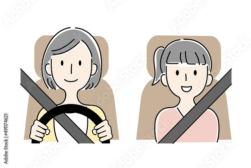 手描き風・運転する女性と助手席の少女のベクターイラスト