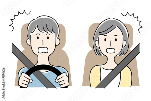 手描き風・運転中に驚く男性と助手席の女性のベクターイラスト