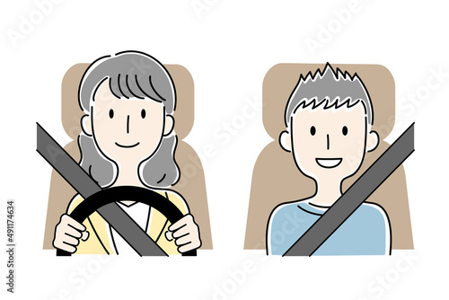 手描き風・運転する女性と助手席の少年のベクターイラスト