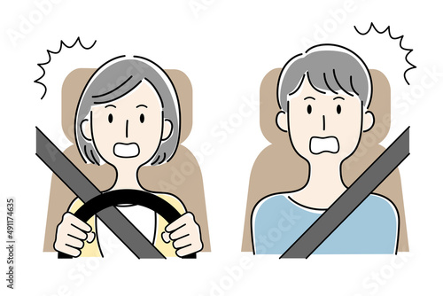 手描き風・運転中に驚く女性と助手席の男性のベクターイラスト