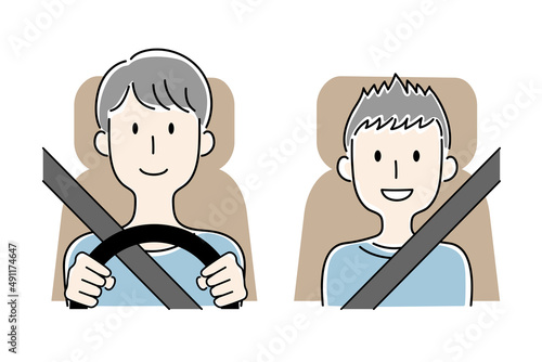 手描き風・運転する男性と助手席の少年のベクターイラスト