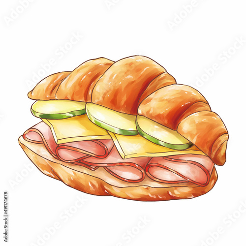croissant sandwich with ham, cucumber and cheese
