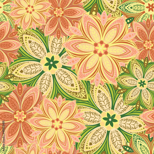 Flowers. Seamless pattern with decorative stylized flowering plants with mandala elements for packaging, holidays and decorations. Summer spring vector image. 