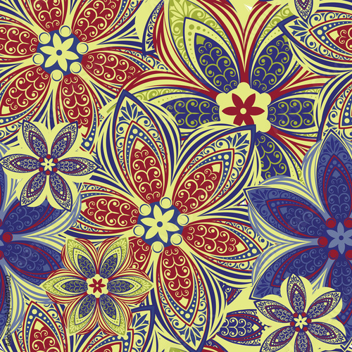 Flowers. Seamless pattern with decorative stylized flowering plants with mandala elements for packaging, holidays and decorations. Summer spring vector image. 