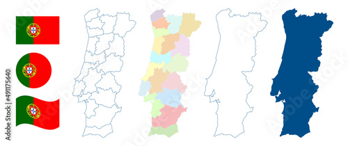 Portugal map. Detailed blue outline and silhouette. Administrative divisions and districts. Country flag. Set of vector maps. All isolated on white background. Template for design and infographics.