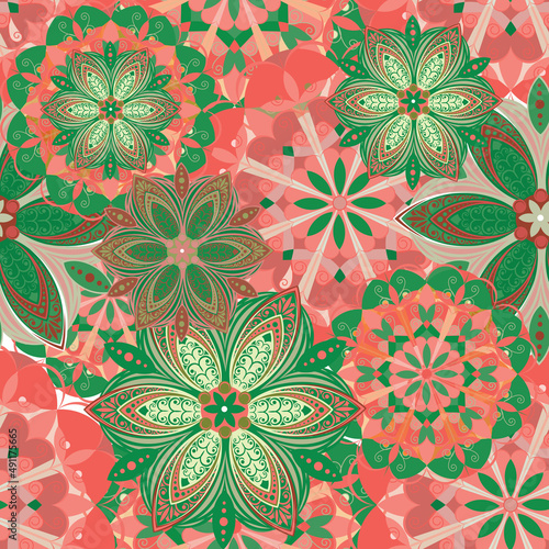 Flowers. Seamless pattern with decorative stylized flowering plants with mandala elements for packaging, holidays and decorations. Summer spring vector image. 