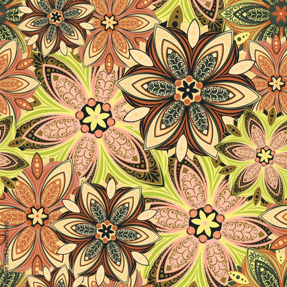 Flowers. Seamless pattern with decorative stylized flowering plants with mandala elements for packaging, holidays and decorations. Summer spring vector image. Flowers. Seamless pattern with decorative stylized flowering plants with mandala elements for packaging, holidays and decorations. Summer spring vector image.