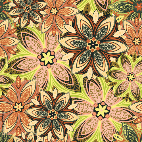 Flowers. Seamless pattern with decorative stylized flowering plants with mandala elements for packaging, holidays and decorations. Summer spring vector image. 