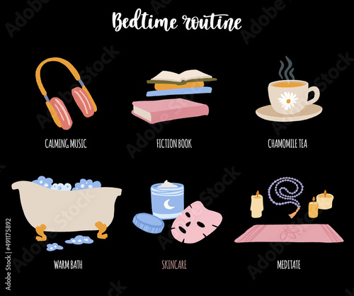 Evening habits for better sleep: warm bath, reading, skincare, chamomile tea, calming music, meditation.