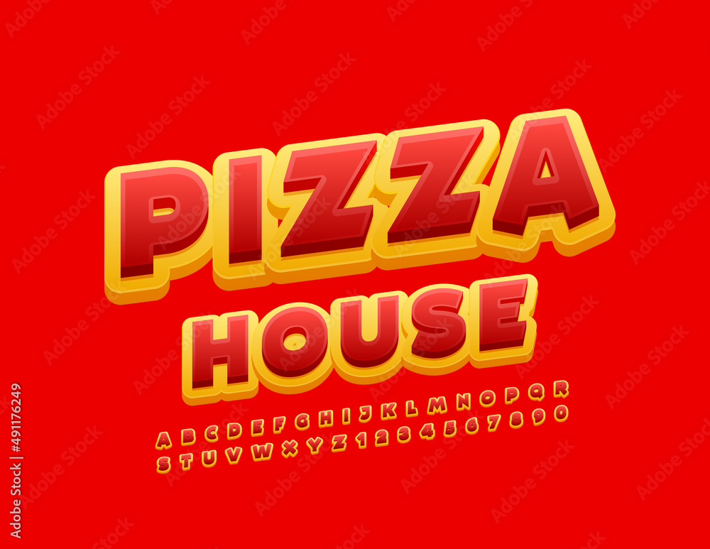 Vector creative logo Pizza House. Bright rotated Font. Red and Yellow Alphabet Letters and Numbers set