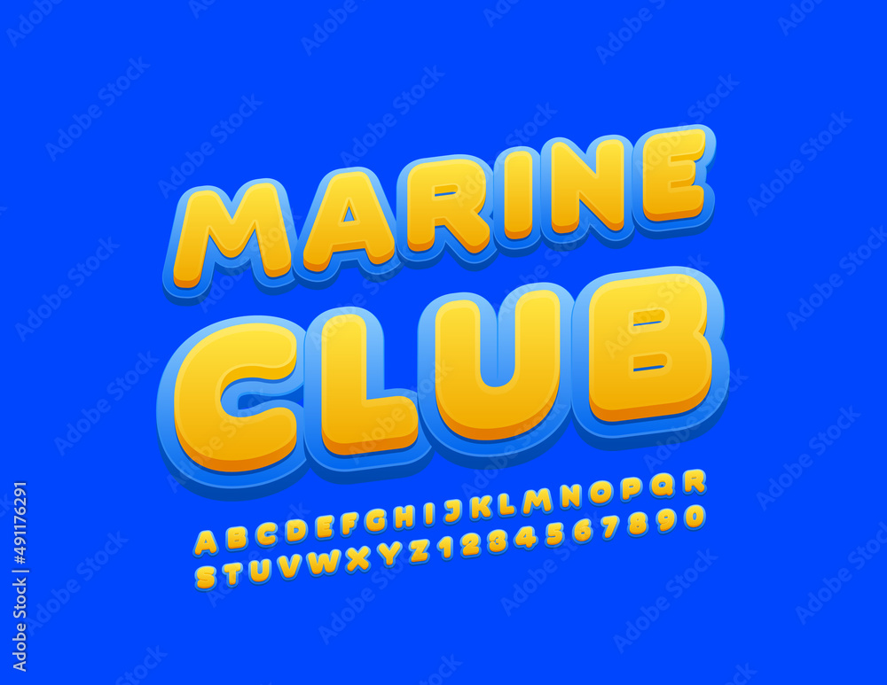 Vector recreational logo Marine Club. Yellow and Blue modern Font. Alphabet Letters and Numbers set