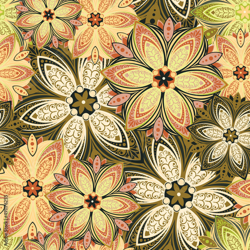 Flowers. Seamless pattern with decorative stylized flowering plants with mandala elements for packaging, holidays and decorations. Summer spring vector image. 