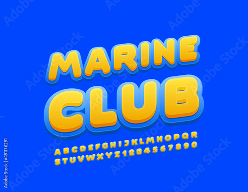 Vector recreational logo Marine Club. Yellow and Blue modern Font. Alphabet Letters and Numbers set