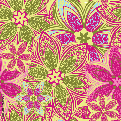 Flowers. Seamless pattern with decorative stylized flowering plants with mandala elements for packaging, holidays and decorations. Summer spring vector image. 