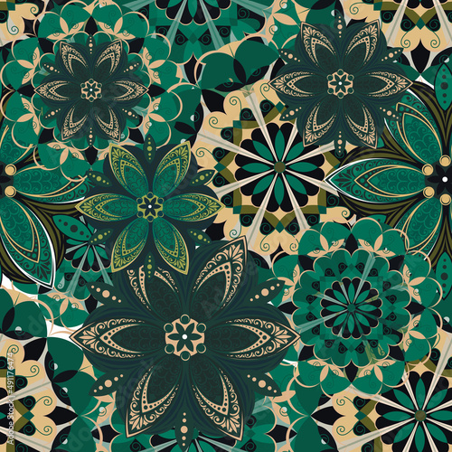 Flowers. Seamless pattern with decorative stylized flowering plants with mandala elements for packaging, holidays and decorations. Summer spring vector image. 