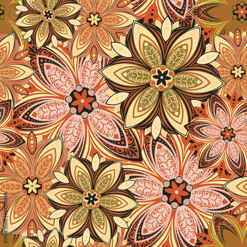 Flowers. Seamless pattern with decorative stylized flowering plants with mandala elements for packaging, holidays and decorations. Summer spring vector image. 