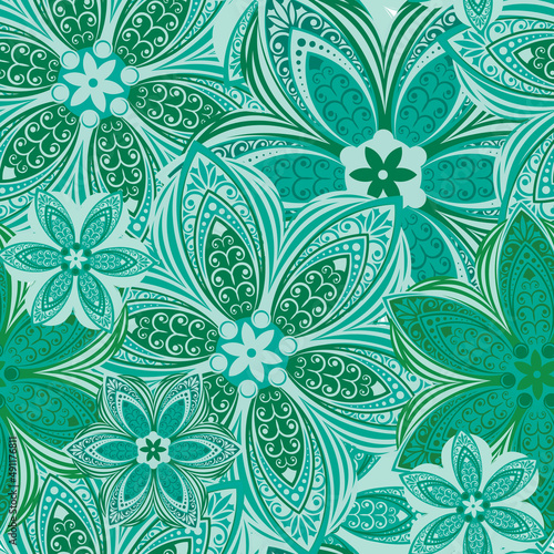 Flowers. Seamless pattern with decorative stylized flowering plants with mandala elements for packaging, holidays and decorations. Summer spring vector image. 