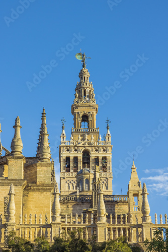 Looking up at the Giralda, seen from Triumph Square in Seville
