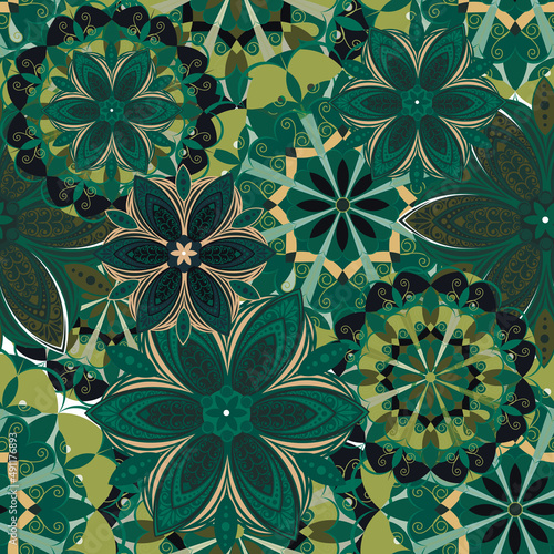 Flowers. Seamless pattern with decorative stylized flowering plants with mandala elements for packaging, holidays and decorations. Summer spring vector image. 