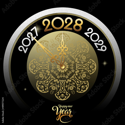 2028 Happy New Year in golden design, Holiday greeting card design. © nali