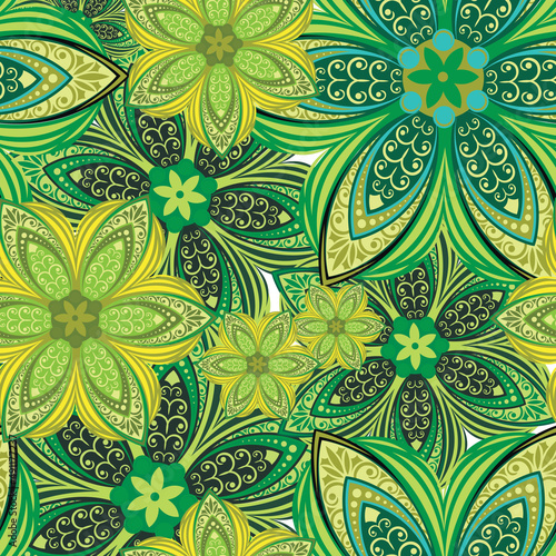 Flowers. Seamless pattern with decorative stylized flowering plants with mandala elements for packaging, holidays and decorations. Summer spring vector image. 