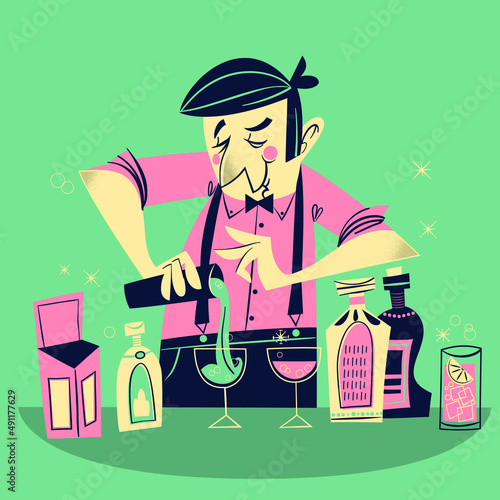 Vintage Cartoon Bartender - Cocktail making - vector illustration - Retro style
