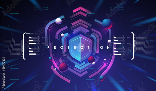 Cyber security. Online information protect, internet digital technology background. Fingerprint scanning on futuristic neon background.
