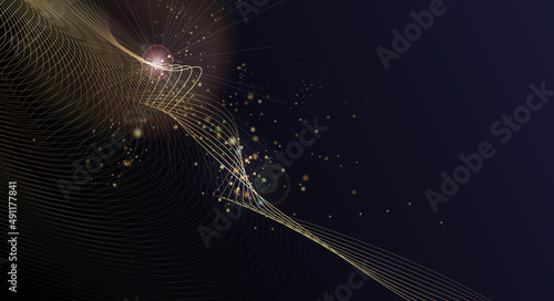 Vector illustration design of bright gold sparkle, dust particle, neon glow effect. Abstract of shiny glitter, spark light and golden shine line for energy motion, technology on black color background