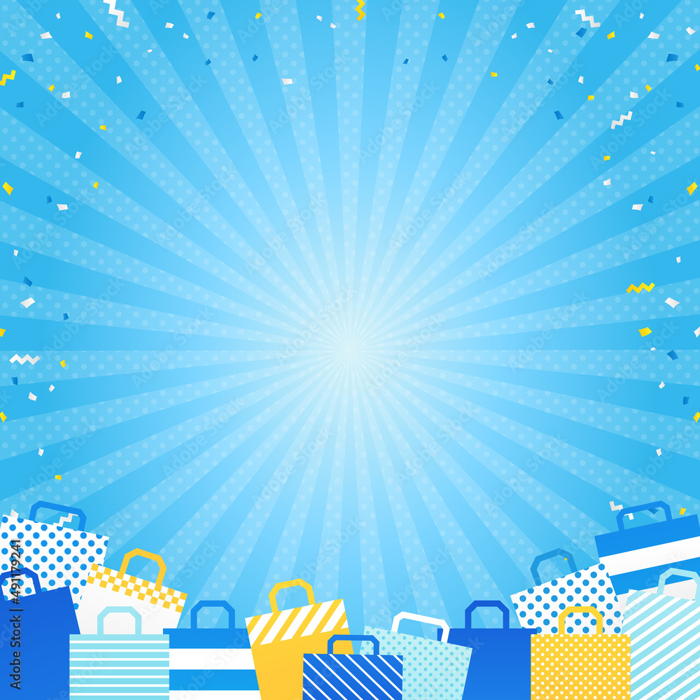 ショッピングバッグ 集中線 紙吹雪の水色背景 正方形 Stock Vector Adobe Stock