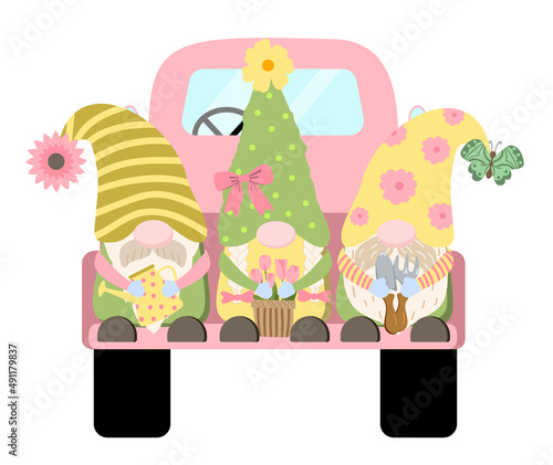 Cute bright spring gnomes holding a watering can, flowers in a basket, gardening tools. Isolated on white background. Cartoon spring gardening banner design.