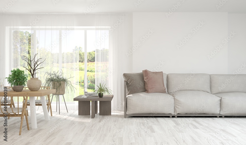Naklejka premium White living room with sofa and summer landscape in window. Scandinavian interior design. 3D illustration